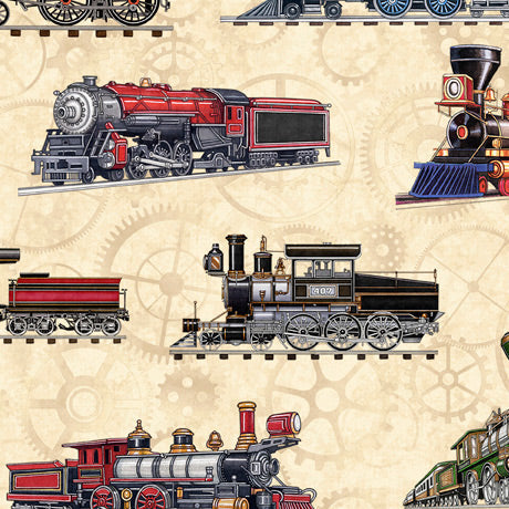 Locomotion Trains Tossed Cream Quilting Treasures Cotton Fabric