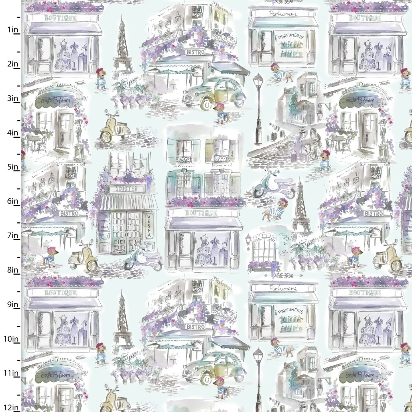 Lost in Paris Pups in Pawrie Turquoise Scott Barnes 3 Wishes Cotton Fabric 3W-23705-TRQ