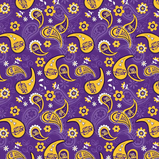 Louisiana State University LSU Tigers NCAA College New Bandana Paisley Sykel Cotton Fabric LSU-1200