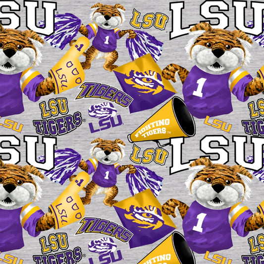 Louisiana State University Tigers NCAA College LSU Mascot Allover Heather Gray Sykel Cotton Fabric LSU-1164