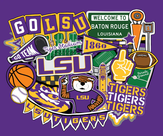 Louisiana State Tigers NCAA College Doodle Panel 36"x43" Sammy Sykel Enterprises Cotton Fabric SYK-LSU-2000