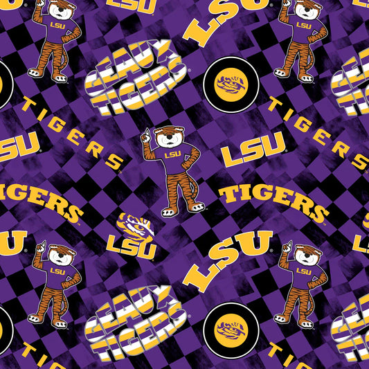 Louisiana State Tigers NCAA College Check Allover Sykel Cotton Fabric SYK-LSU-1370