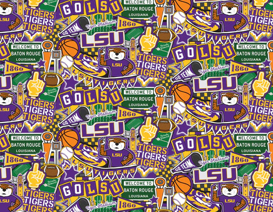 Louisiana State University LSU Tigers NCAA College Doodle Allover Sammy Sykel Cotton Fabric LSU-2001