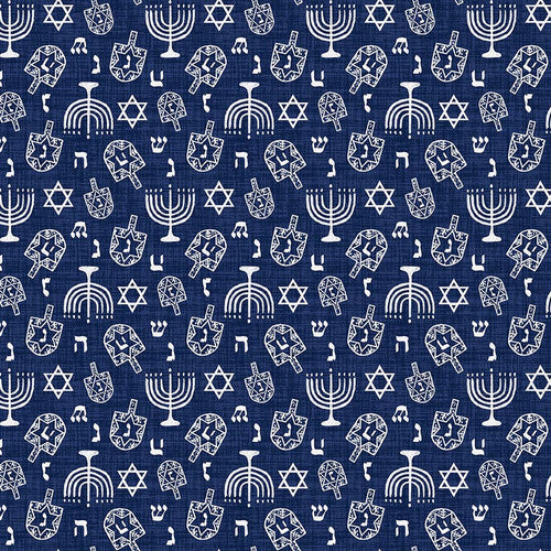 Love and Light Dreidel and Menorah Dark Blue Victoria Borges Studio E Cotton Fabric