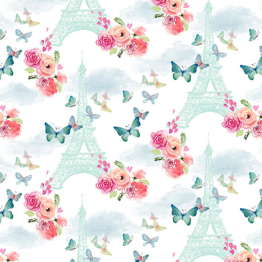Love is in the Air Eiffel Tower with Flowers & Butterflies White Lanie Laureth Blank Quilting Cotton Fabric