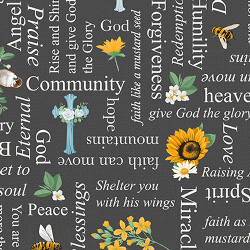 Love Never Fails Words Flowers Crosses Charcoal Lucca Sheppard Blank Quilting Cotton Fabric BQ-3915-95
