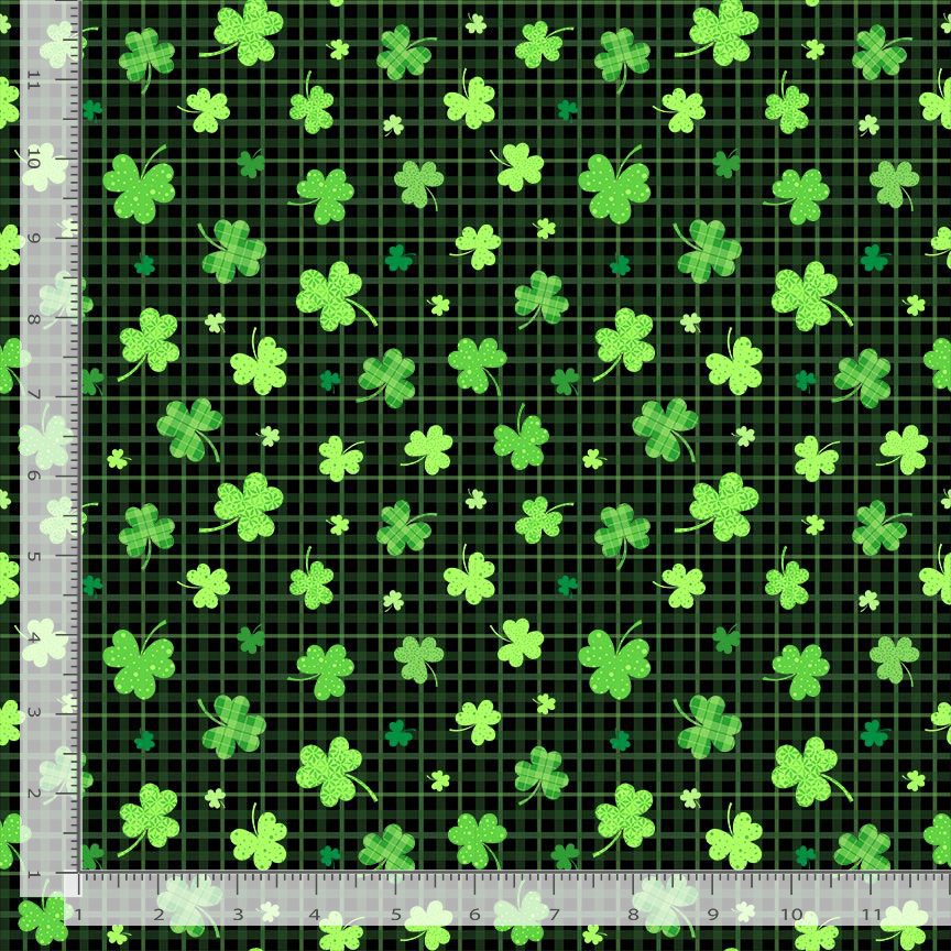 Lucky Kitty Shamrocks on Plaid Irish Green Timeless Treasures Cotton Fabric TT-FUN-CD3844-BLACK