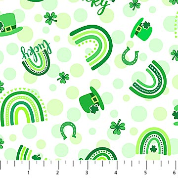 Lucky Rainbow and Hats Green Patrick Lose Northcott Cotton Fabric