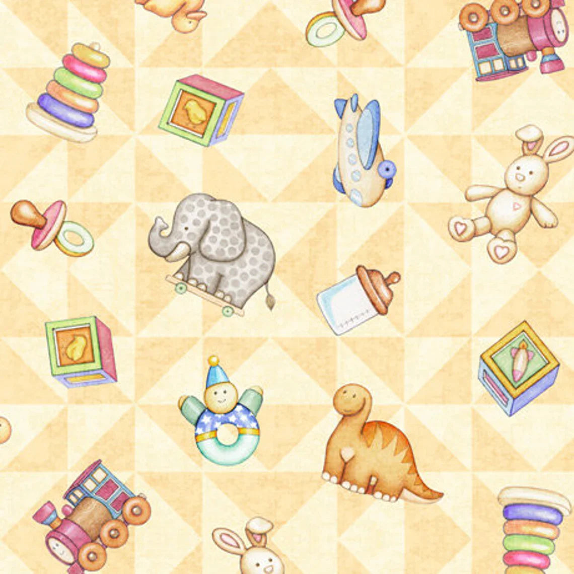 Lullaby Tossed Toys Buttercup Cream Dan Morris Quilting Treasures Cotton Fabric