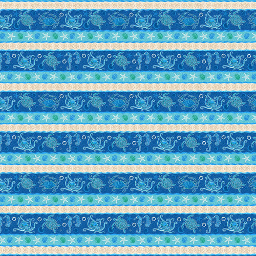 M'Ocean Stripe Sea Animals Starfish Turtle Seahorse Octopus Navy Blue Victoria Hutto Studio Cotton Fabric