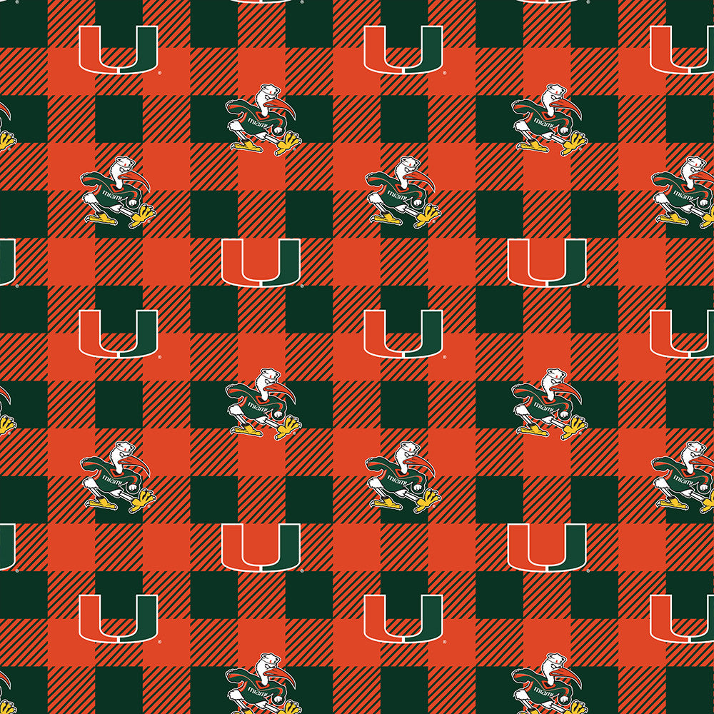 Miami Hurricanes NCAA College Buffalo Plaid Sykel Enterprises Polyester FLEECE Fabric MIA-1190