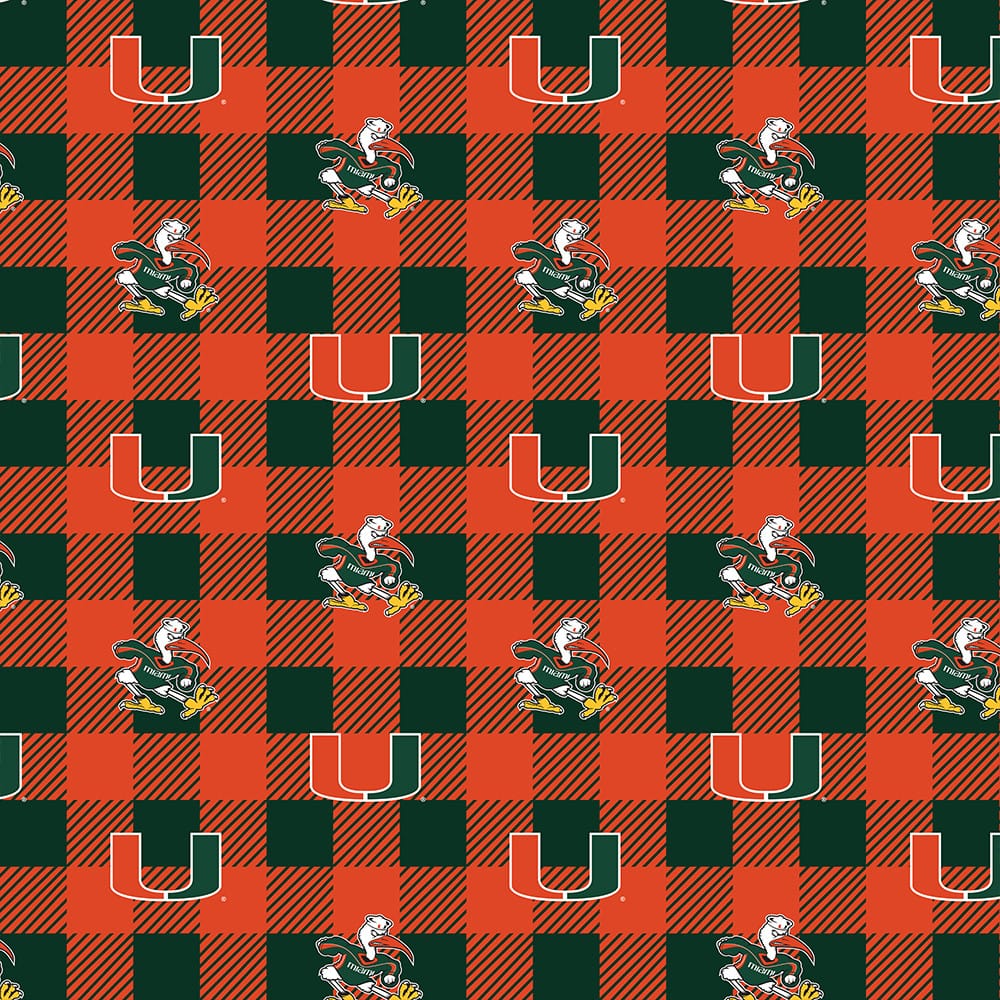 Miami Hurricanes NCAA College Buffalo Plaid Sykel Enterprises Polyester FLEECE Fabric MIA-1190 | US Fabric Shop