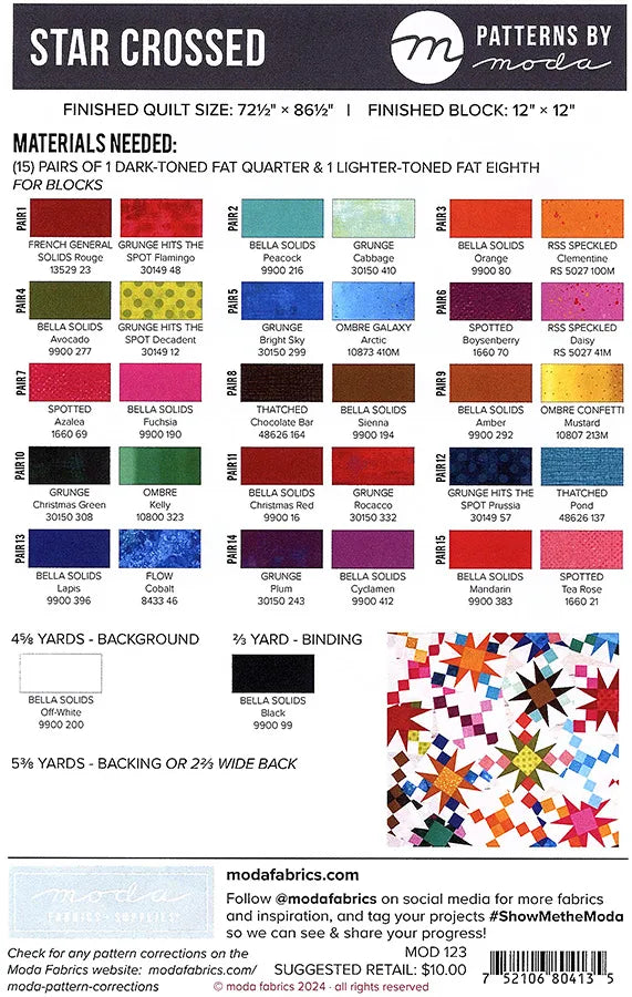 Star Crossed Quilt Pattern 72"x86" Moda Patterns MOD-123