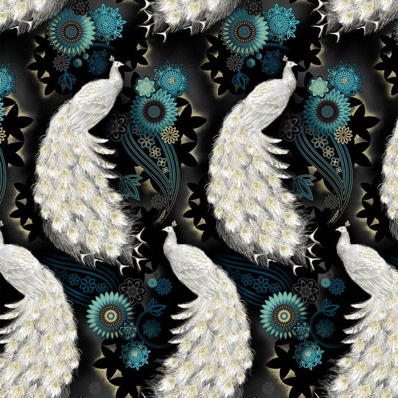 Magnificent Peacock Dance Black Metallic Michael Miller Cotton Fabric