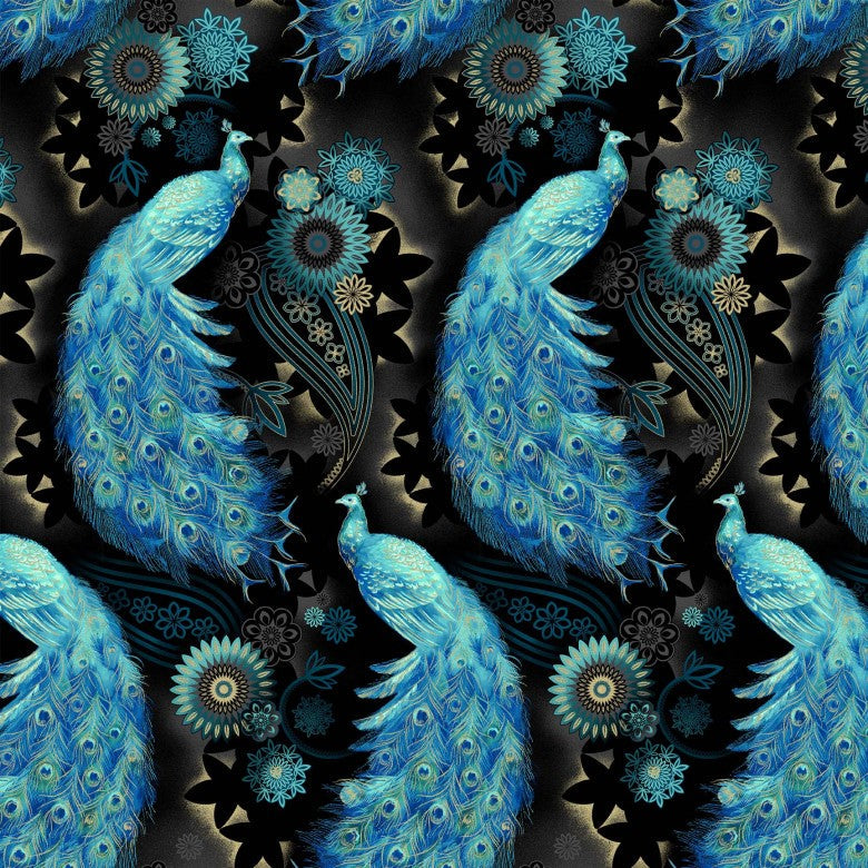 Magnificent Peacock Dance Blue Metallic Michael Miller Cotton Fabric
