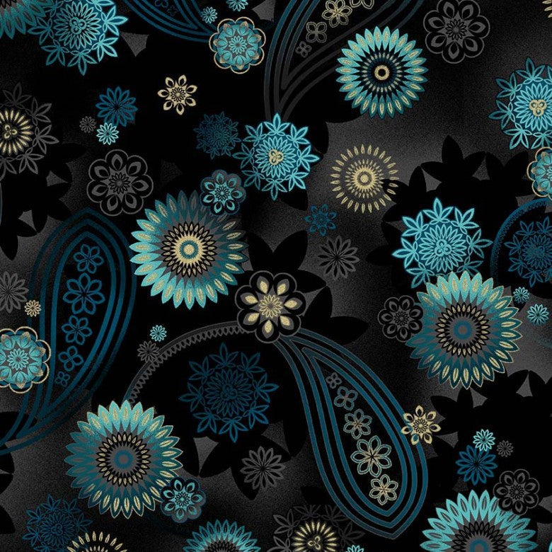 Magnificent Peacock Dancing Paisley Black Metallic Michael Miller Cotton Fabric