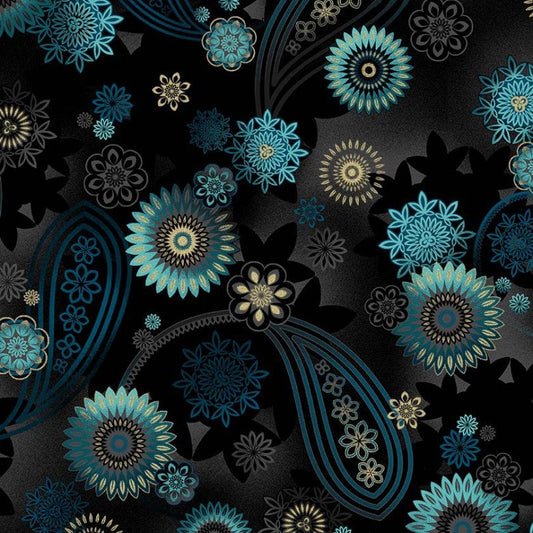 Magnificent Peacock Dancing Paisley Black Metallic Michael Miller Cotton Fabric