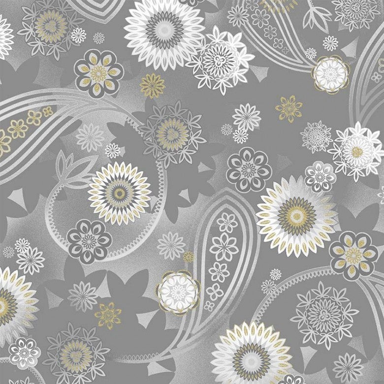 Magnificent Peacock Dancing Paisley Fog Grey Metallic Michael Miller Cotton Fabric MM-CM11851-FOGX-D