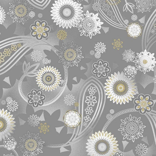 Magnificent Peacock Dancing Paisley Fog Grey Metallic Michael Miller Cotton Fabric MM-CM11851-FOGX-D
