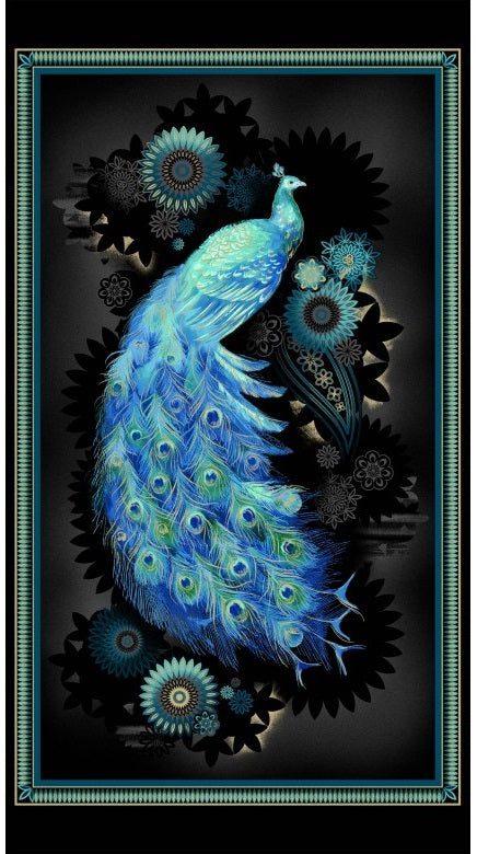 Magnificent Peacock Meadow Panel 24"  Black Metallic Michael Miller Cotton Fabric MM-CM11849-BLAC-D