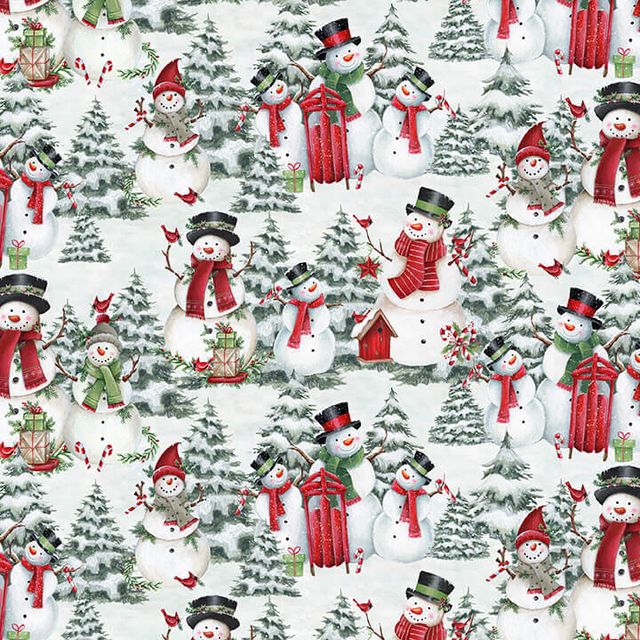 Making Spirits Bright Snowmen Scenic White Emma Leach Blank Quilting Cotton Fabric