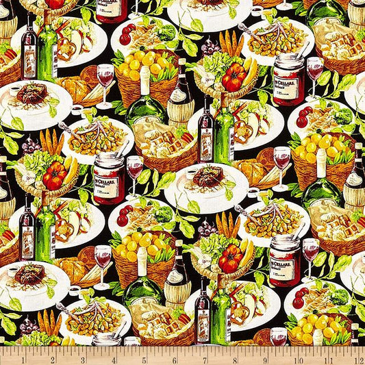 Market Medley Wine and Dine Buffet Black Paintbrush Studio Cotton Fabric