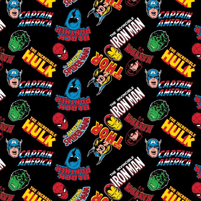 Marvel Comics IV Hero Toss Black Camelot Cotton Fabric