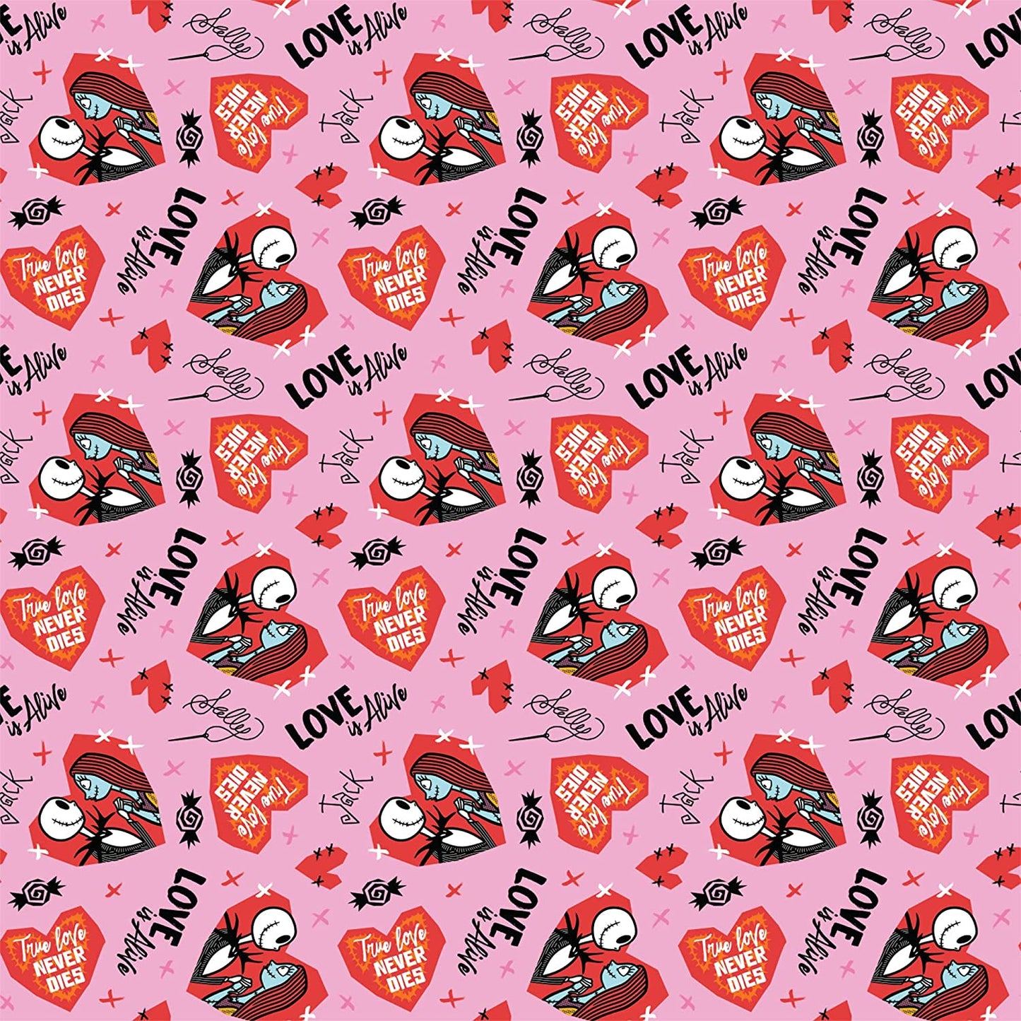 Master of Fright Nightmare Before Christmas Jack and Sally Valentine Pink Camelot Cotton Fabric CF-85390501-1