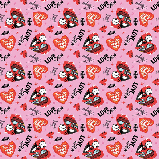 Master of Fright Nightmare Before Christmas Jack and Sally Valentine Pink Camelot Cotton Fabric CF-85390501-1