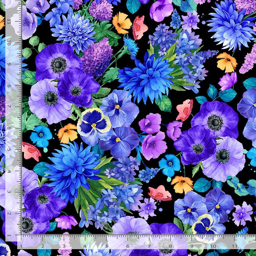 Meadow Bloom Wildflower Bouquet Packed Black Chong-A-Hwang Timeless Treasures Cotton Fabric TT-MEADOW-CD3952-BLACK