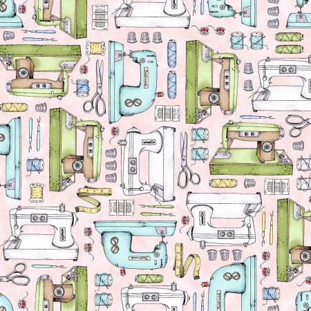 Measure Twice Sewing Machines Pink Kris Lammers Maywood Studio Cotton Fabric
