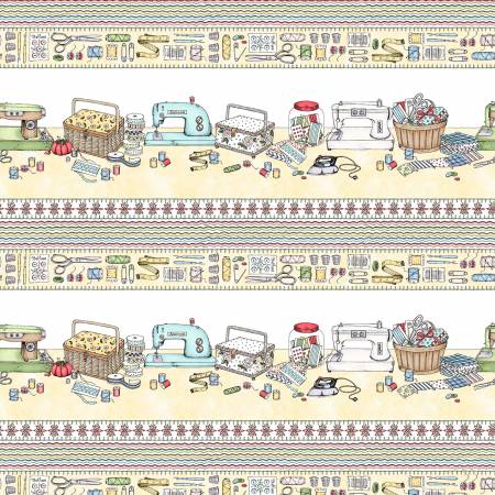 Measure Twice Sewing Table Border Yellow Kris Lammers Maywood Studio Cotton Fabric