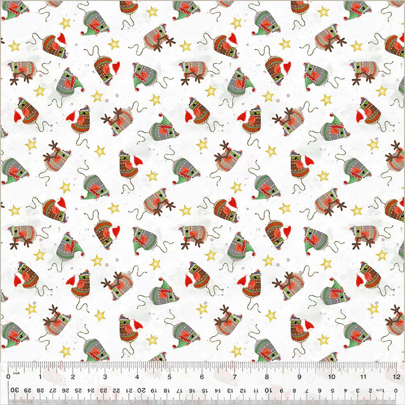 Meowy Christmas Jolly Mice White Kim Haskins Windham Fabrics Cotton Fabric WF-54486-1