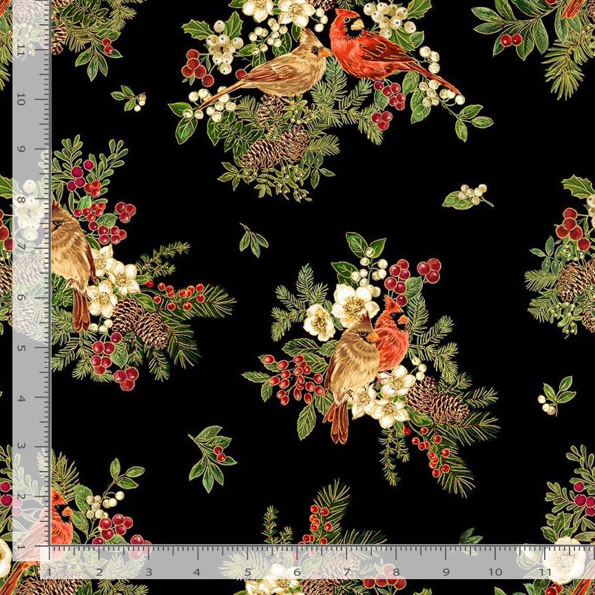 Merry Christmas Cardinal on Floral Metallic Black Timeless Treasures Cotton Fabric TT-HOLIDAY-CM4145-BLACK