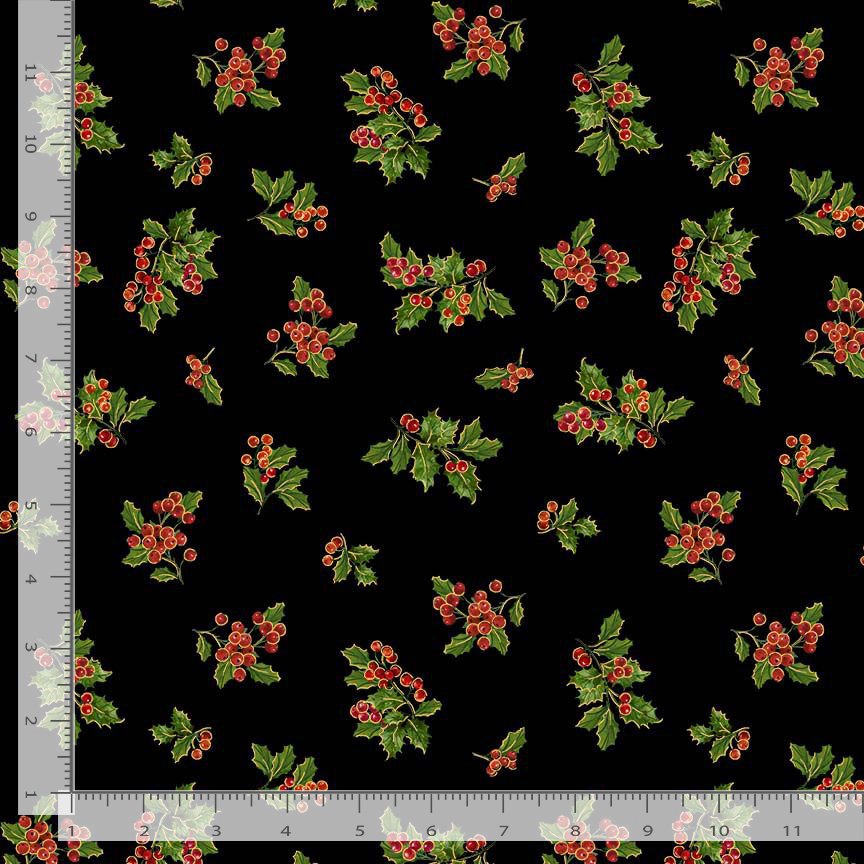 Merry Christmas Holiday Holly Metallic Holly Black Timeless Treasures Cotton Fabric TT-HOLIDAY-CM4147-HOLLY