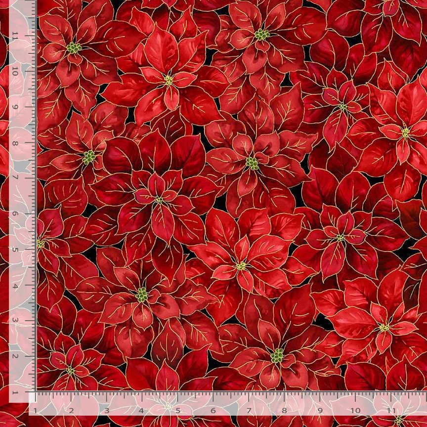 Merry Christmas Packed Poinsettias Metallic Red Timeless Treasures Cotton Fabric TT-HOLIDAY-CM4146-RED