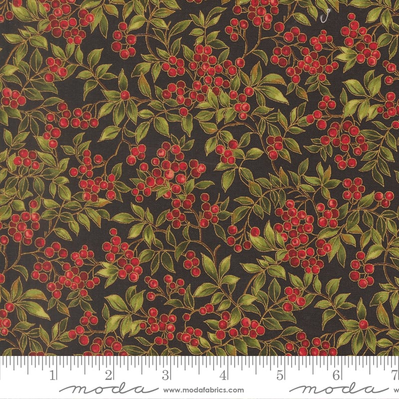 Merry Manor Metallic 2025 Holly berry Christmas Berries Ebony Black Moda Fabrics Cotton Fabric MD-33864-14M | US Fabric Shop
