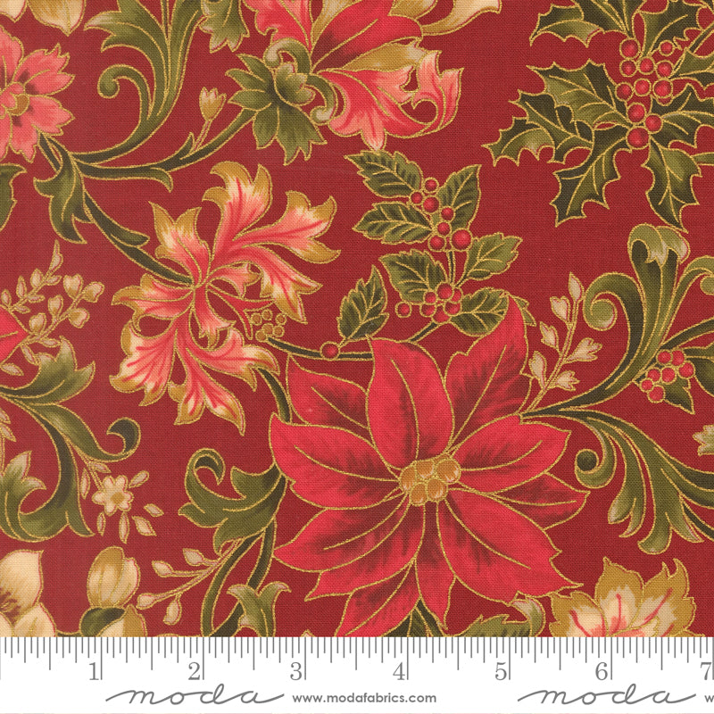 Merry Manor Metallic 2025 Poinsettia Large Floral Jacobean Crimson Red Moda Fabrics Cotton Fabric MD-33860-12M