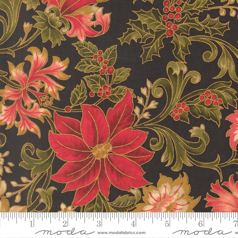 Merry Manor Metallic 2025 Poinsettia Large Floral Jacobean Ebony Black Moda Fabrics Cotton Fabric MD-33860-14M