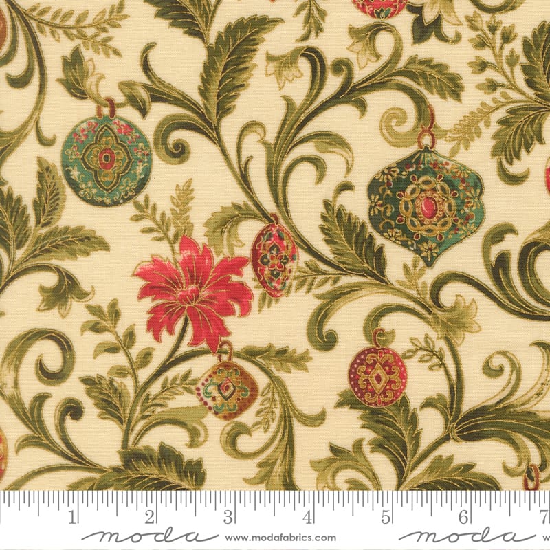 Merry Manor Metallic 2025 Twinkling Vine Florals Ornaments Cream Moda Fabrics Cotton Fabric MD-33861-11M | US Fabric Shop