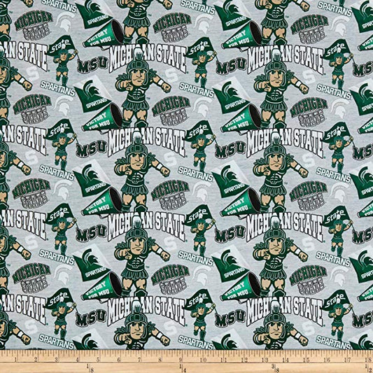 Michigan State Spartans NCAA Collegiate Mascot Heather Gray Sykel Cotton Fabric MIST-1164