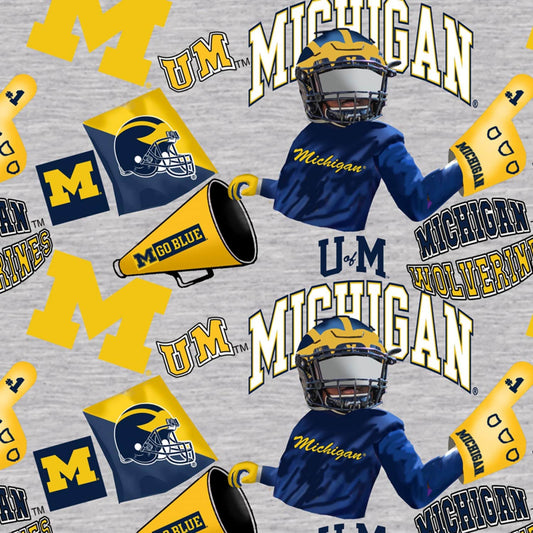 Michigan University Wolverines NCAA Mascot Allover Heather Gray Sykel Cotton Fabric MCHG-1164