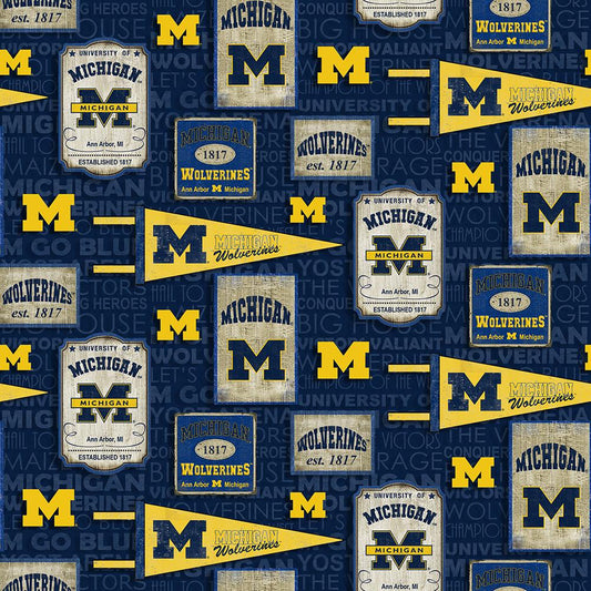 Michigan Wolverines NCAA College Vintage Pennant Sykel Cotton Fabric MCHG-1267