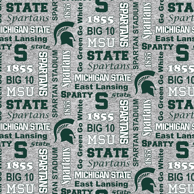 Michigan State Spartans NCAA College Heather Verbiage Sykel Enterprises Polyester FLEECE Fabric MIST-1162 | US Fabric Shop
