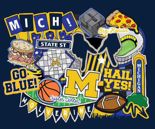 Michigan Wolverine NCAA College Doodle Panel 36" Sammy Sykel Enterprises Cotton Fabric SYK-MCHG-2000