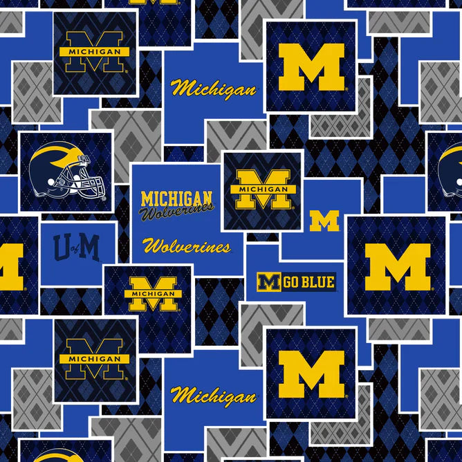 Michigan Wolverines NCAA College Argyle Boxes Blue Sykel Cotton Fabric SYK-MCHG-1371