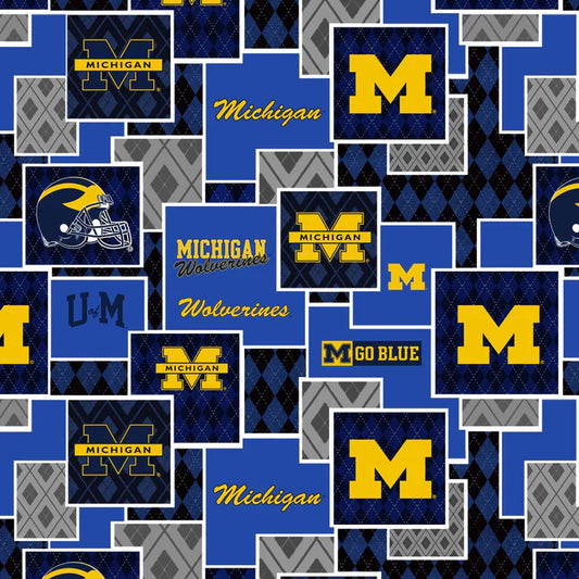 Michigan Wolverines NCAA College Argyle Boxes Blue Sykel Cotton Fabric SYK-MCHG-1371