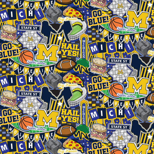 Michigan Wolverines NCAA College Doodle Allover Sammy Sykel Cotton Fabric MCHG-2001