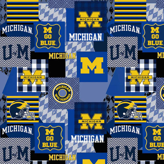 Michigan Wolverines NCAA College Patch Allover Blue Sykel 60" Polyester Minky Fabric SYK-MCHG-1367
