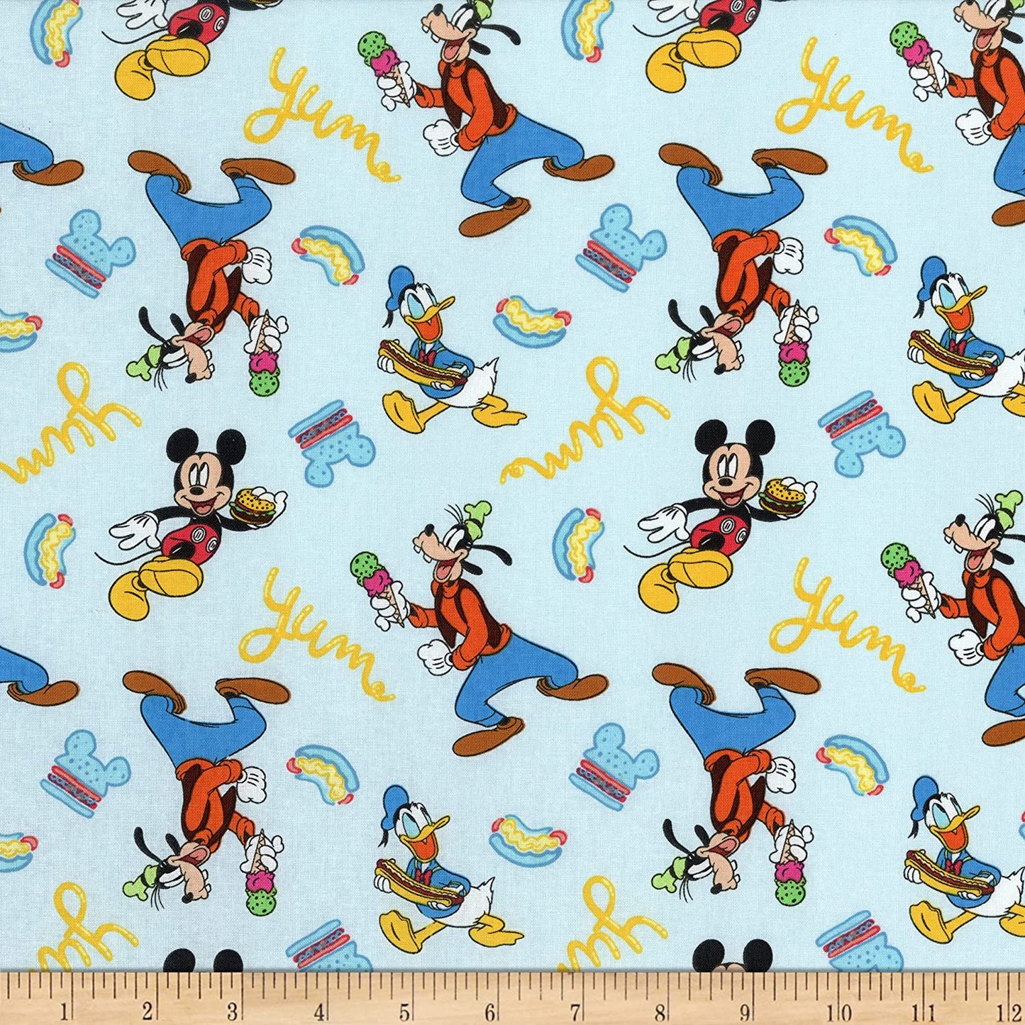 Mickey & Friends Yum Food Blue Disney Springs Creative Cotton Fabric SC 74457